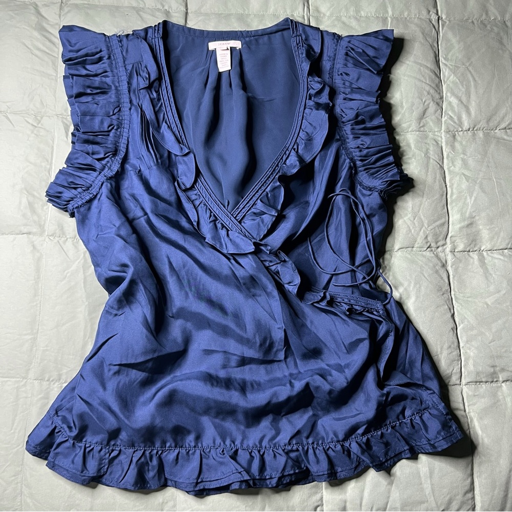 J CREW dark blue silk sleeveless wrap top with ruffle trim